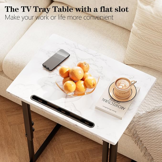 Adjustable Height Tv Tray Table,Portable Folding Tv Dinner Snack Table,Small Foldable C-Shaped End Table for Eating,Slide Under Couch Side with Sturdy MDF Top,No Assembly(White Marble+Black)