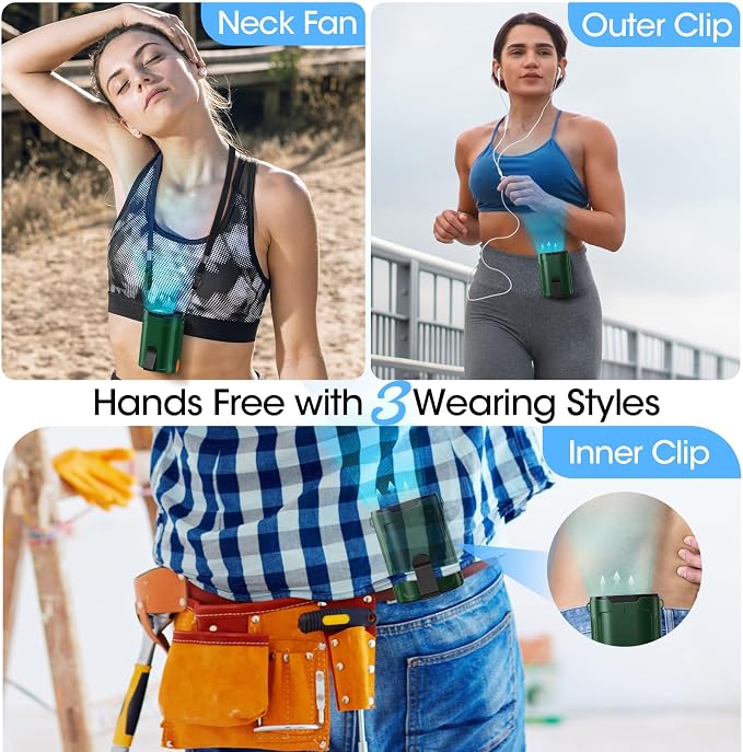 Heelkl 2026 AI Portable Fan Rechargeable, 4 Speeds Strong Airflow, Personal Waist Fan with up to 25H of Working Time, Hanging Neck Fan, Wearable Belt Fan for Camping, Outdoor, Jobsite - Green