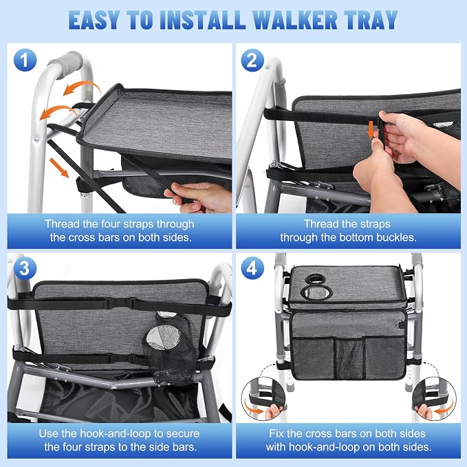 Rhino Valley Walker Tray for Folding Walker,Tray for Walker with Cup Holder | Tray for Walkers with Non-Slip Mat for Food, 3 Front Pockets & 3 Cup Holders, Walker Accessories for Senior, Gray