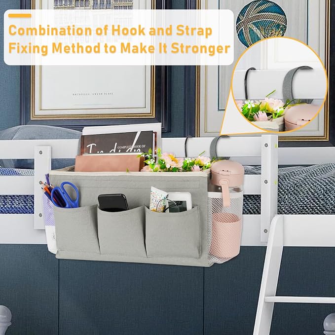 Lilithye Bedside Caddy, Bedside Storage Bag Hanging Organizer for Bunk Bed | Bed Caddy with Fixed Straps and Water Bottle Holder for Home, College Dorm, Bunk Bed, Hospital Bed and Crib Bed Rails