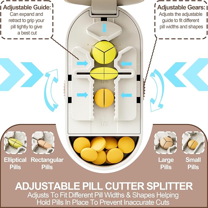 Pill Cutter Splitter for Small and Tiny Pills, Vertical Push Down Cut Pill Cutter 1/4 1/3 1/2, Accurate Pill Cutter for Small or Large Pills with Storage Cleaning Brush Pill Crushers for Elderly Pets