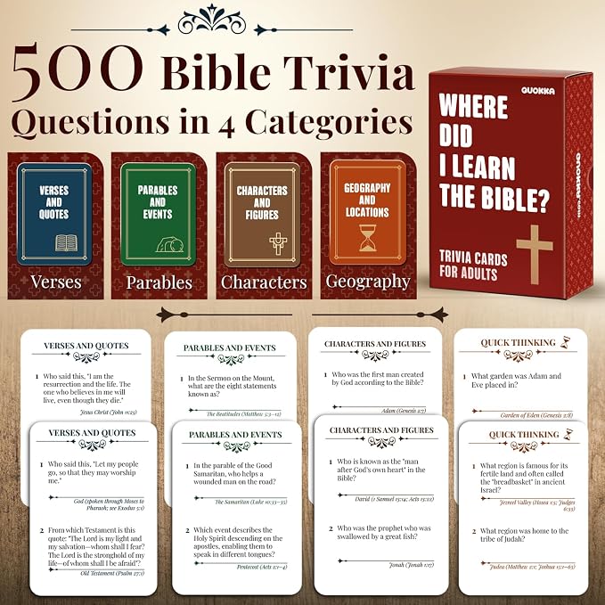 Quokka Trivia Game for Families - Fun Educational Trivia Cards | Bible Game with 500 Trivia Question for Christians – Religious Gifts for Adults and Family - 4 Categories to Learn and Play