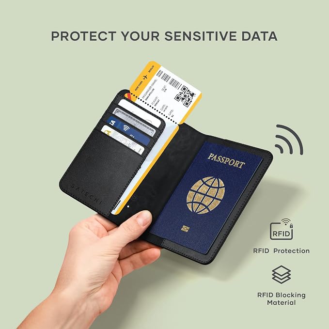 Satechi Passport Holder with Find My Tracking, 4-Slot Card Wallet, Black | 4-slot card wallet, wireless charging, RFID protection, vegan leather