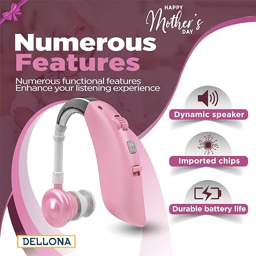 DELLONA High-Performance Hearing Aids for Seniors, OTC Rechargeable Hearing Aid for People with Severe Hearing Loss with Intelligent Noise Reduction (Pair), 4 Modes - Comfortable Hearing Aid devices for elderly, Over The Counter Hearing Aids (Pink)