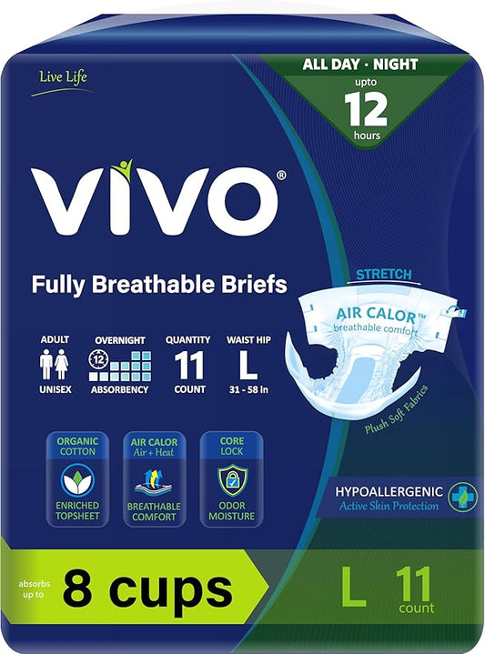VIVO Organic Cotton Overnight Sensitive Skin Adult Incontinence Diaper Briefs with Tabs, Large 11 Count