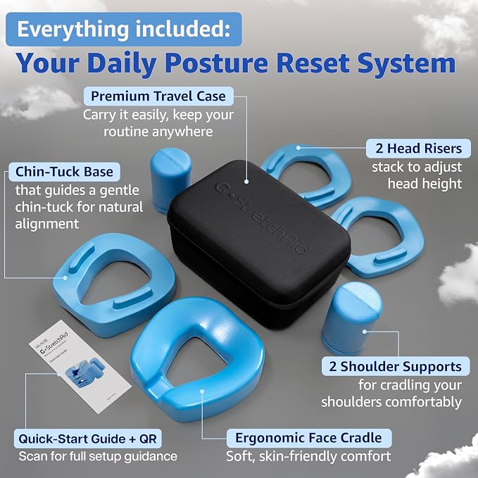 G.StretchAid Face-Down Posture Corrector for Tech Neck & Rounded Shoulders | 5-in-1 Face-Down Reset, Guided Chin-Tuck Positioning, 4-Level Cervical & Shoulder Support, Neck Stretcher, Travel Case