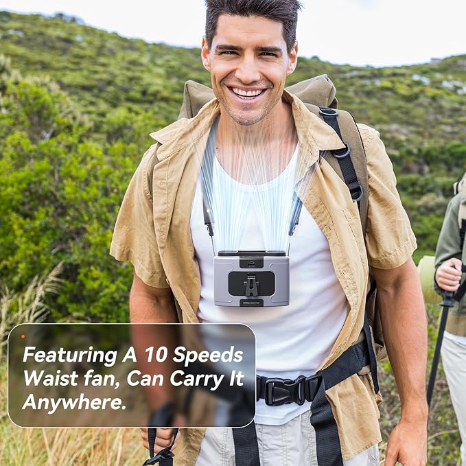 Doublepow 10000mAh Portable Waist Fan, Personal Dual Waist Fan, Clip On Belt Hanging Neck, Dual Motor 20H&10 Speed 16000RPM Strong Airflow, USB Rechargeable Fans, for Outdoor Work Travel(K60-Gray)