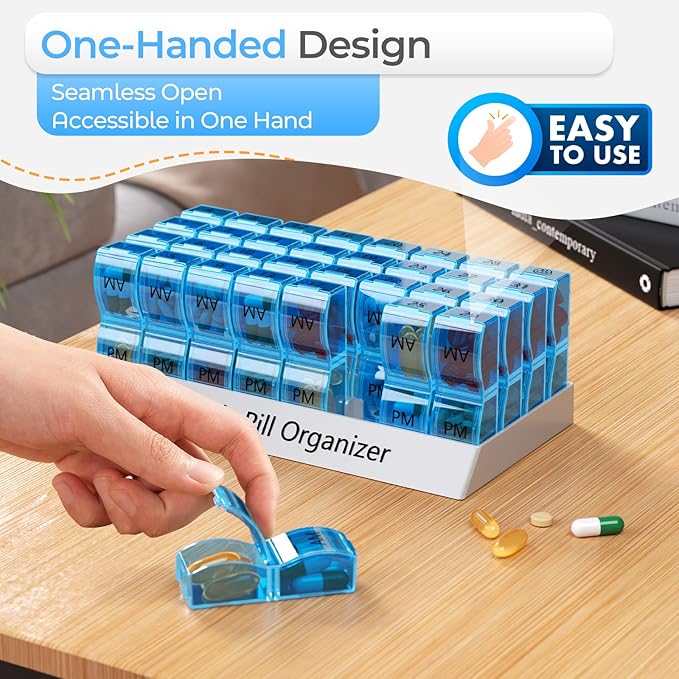 Monthly Pill Organizer 2 Times a Day, 30 Day Pill Box Organizer, One Month AM PM Pill Case Small Compartments to Hold Vitamin and 31 Day Travel Medicine Organizer, 4 Week Pill Cases (Blue)