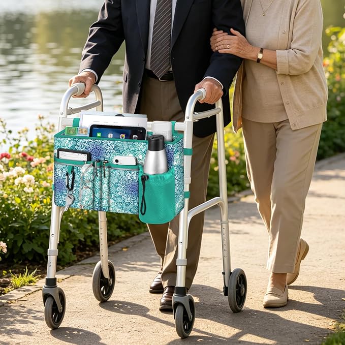 FINPAC Large Walker Tote Bag w/Cup Holder, Folding Walker Attachment Pouch | Water-resistant Polyester, Organized Pockets, Reflective Strip, Mobility Aid Storage Basket for Seniors, Emerald Illusions