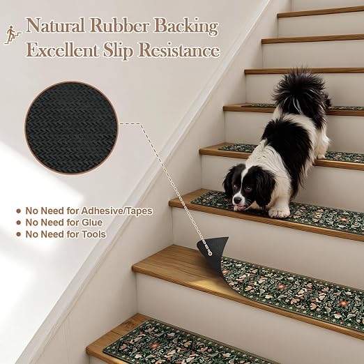 OJIA Floral Stair Treads Non-Slip Stair Runner for Wooden Steps 15PC 30"x8" | Indoor Carpet Stair Treads Stair Mats Staircase Step Treads for Kids, Elders and Dogs, Stair Covers, Black