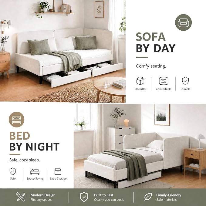 LIKIMIO Twin XL Daybed with 2 Drawers and Converse Headboard, Cream | No box spring needed. Perfect for dorms, studios, guest rooms, and small apartments.