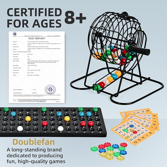 Doublefan Bingo Deluxe Game Set for Adults and Kids - Includes 8 Inch Wheel Cage, 75 Balls, Master Board, 50 Cards and Colorful Chips - Fun Family Game Night