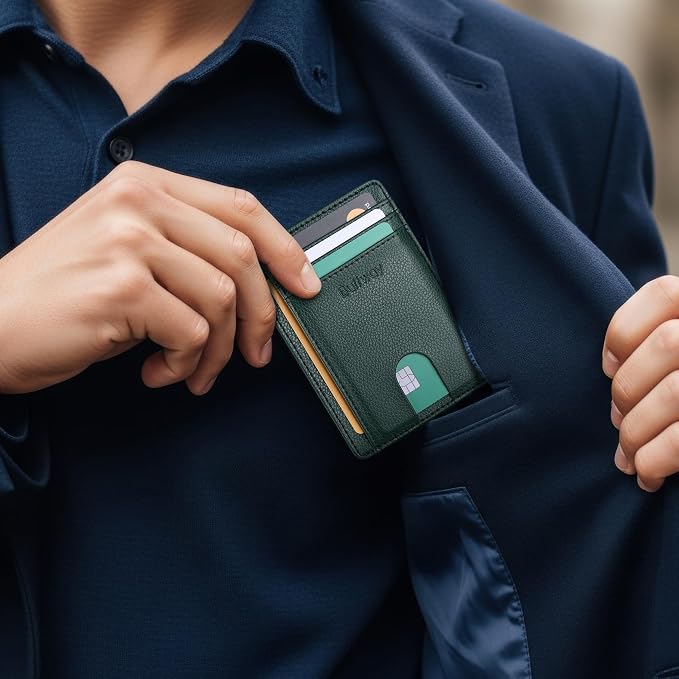 Buffway Slim Minimalist Front Pocket RFID Blocking Leather Wallets for Men and Women - Lichee Green