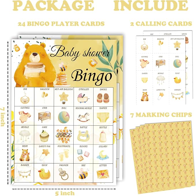 Baby Shower Bingo Game Cards Set for Guests Adults, Honey Bear Baby Shower Party Bingo Game Gender Reveal Bingo Game for Family Friends Large Group Activity, Favors Supplies Decorations