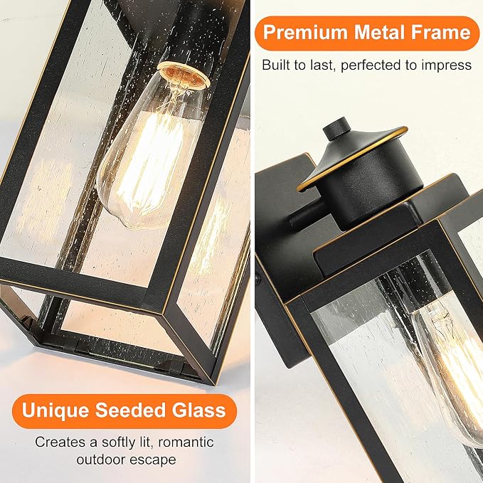 2-Pack Outdoor Wall Lights with Seeded Glass, Black with Gold Trim | Waterproof, Rust-Resistant, Durable Metal, Easy to Install, Ideal for Front Door, Garage