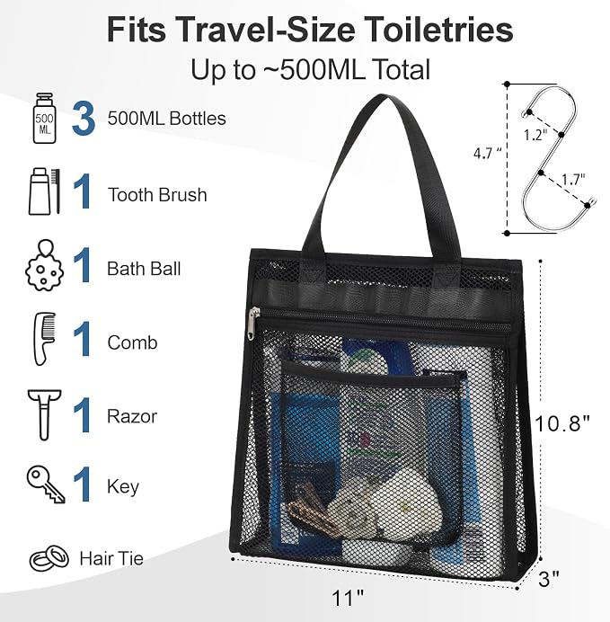 Small Mesh Shower Caddy Portable - Zipper Gym Shower Bag for Travel, Black | 3 Pockets, Quick-Dry Mesh, S-Hook, Hanging Shower Caddy for Toiletry Essentials, Bathroom & Camping