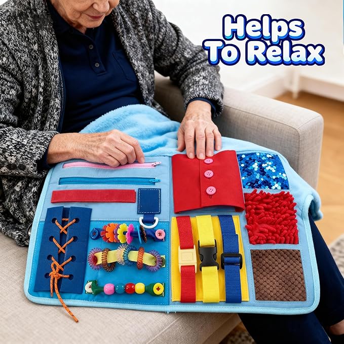 Fidget Blanket for Elderly with Dementia & Alzheimer's, Sensory Activity Mat with Fine Motor Skill Items, Calming Therapeutic Blanket for Seniors, Anxiety, Autism, Machine Washable & Portable (Blue)
