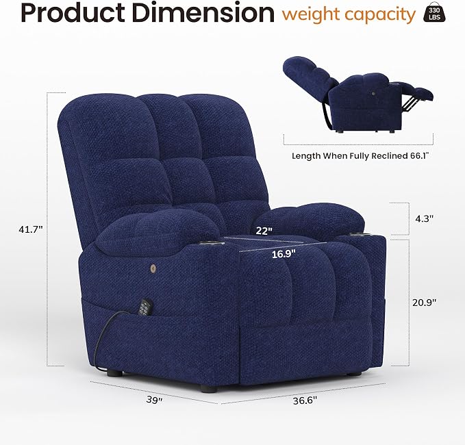 COLAMY Dual Motor Power Lift Recliner Chair for Elderly, Heavy Duty Bariatric Stand Up Assist Sofa with Independent Back & Footrest, Zero Gravity, Massage Heat & Breathable Fabric,Blue