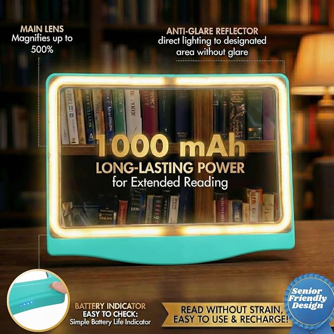 MAGNIPROS 5X Rechargeable LED Page Magnifier, Large Anti-Glare Lens, Ultra Bright 3 Color Light Modes- Reduces Eye Strain for Small Print, Low Vision & Seniors