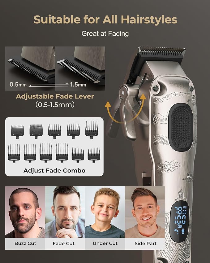 VGRPRO Hair Clippers for Men Professional, Cordless Clipper and Trimmer Set | 7000RPM Grooming Kit with EVA Case, LED display, 14 Guide Combs (including Right & Left Ear Taper Combs), Nose Trimmer Head
