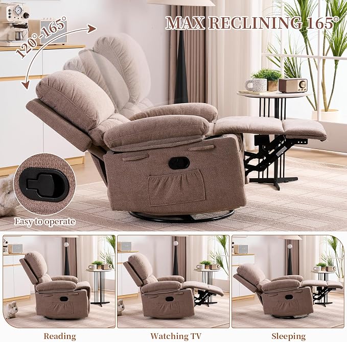Recliner Chairs for Adults and Elderly, Swivel Rocker Recliner with Massage and Heating, Manual Reclining Chair with Cup Holders and Side Pockets, Comfy Rocking Chair for Living Room, Brown