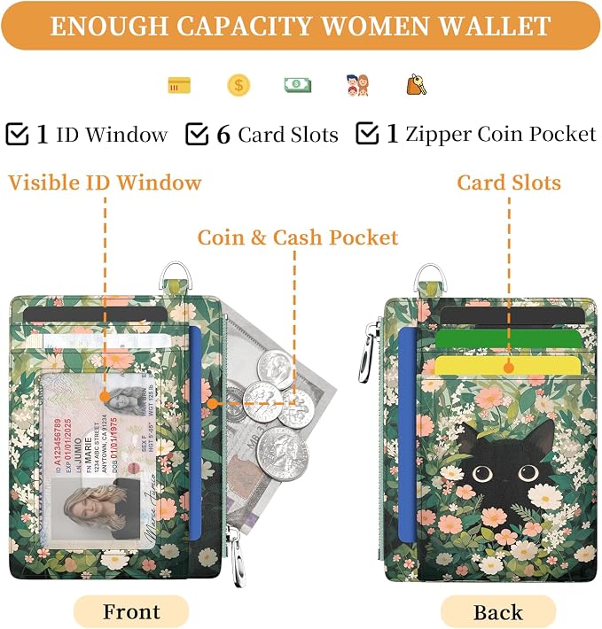 Hancynir Black Cat Floral Wallet Women Credit Card Holder, Wristlet RFID | Cute Keychain Lanyard Wallet, Travel Zipper Coin Pocket, Ladies Gifts Women, Minimalist Card Case, 6 Card Slots, PU Leather