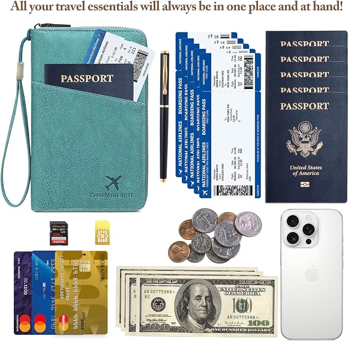 Family Passport Holder for Travel Women and Men RFID Blocking Passport Holder with Zipper Multi-functional Passport Wallet Passport Case Passport cover Travel Essentials
