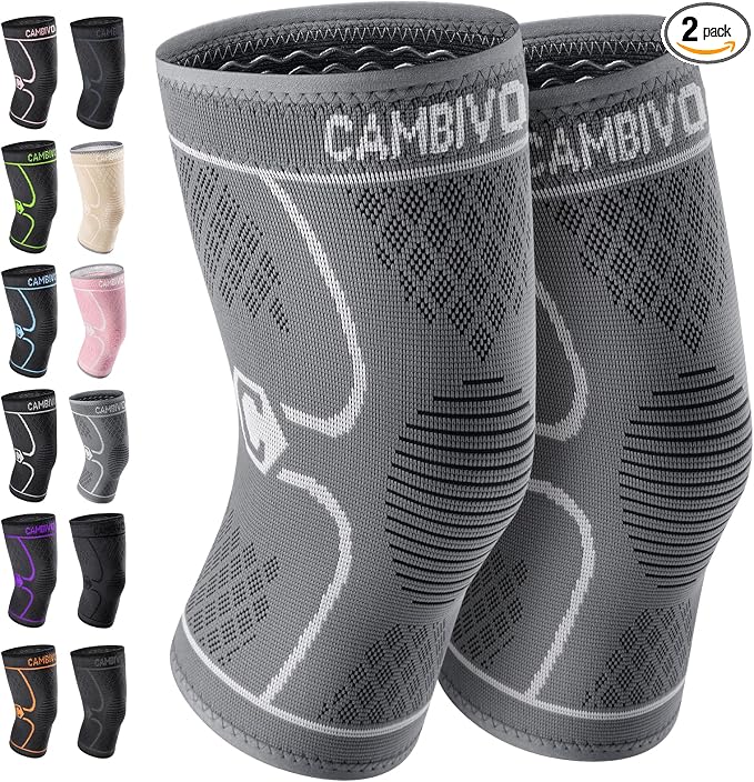 CAMBIVO 2 Pack Knee Brace, Knee Compression Sleeve for Men and Women, Knee Support for Running, Workout, Gym, Hiking, Sports (Cool Gray,Medium)