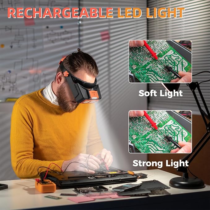 COYLAPY Headband Magnifier with Light, 1.5X-3.5X Magnifying Glasses | Rechargeable Led Light, 4 Lens (1.5x,2x,2.5x,3.5x), Ideal for Close work, Repair, Jewelry, Sewing, Beading, Crafts, Hobby