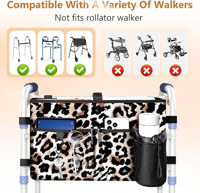 Rhino Valley Walker Bag, Multi Pockets Folding Walker Basket Tote Bag with Cup Holder,Hand-free Carry Pouch Storage Bag for Universal Walkers,Large Capacity Organizer for Seniors Elderly,Brown Leopard