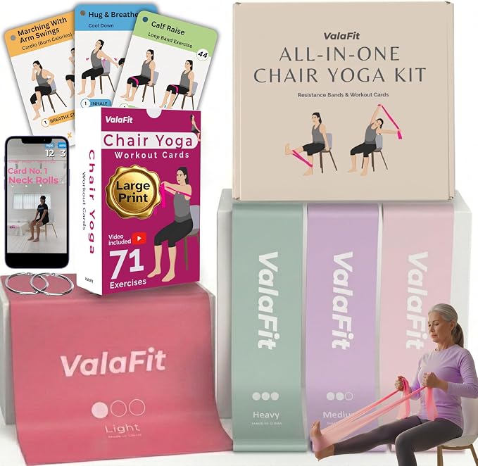 [All-in-One Kit] Chair Yoga for Seniors Over 60: 71 Large Print Exercise Cards with Video + 4 Resistance Bands for Mobility, Balance & Strength | Gift for Mom & Dad