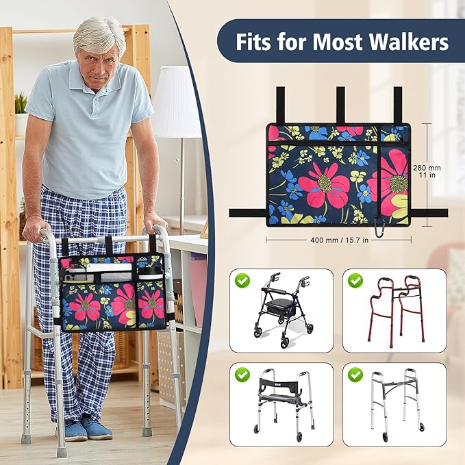supregear Accessories Bag for Walker, Wheelchair, Rollator - Walker Basket Bag w/Cup Holder - Seniors Caddy Attachment Pouch, Water Resistant Large Capacity Carry Storage Carrier Tote