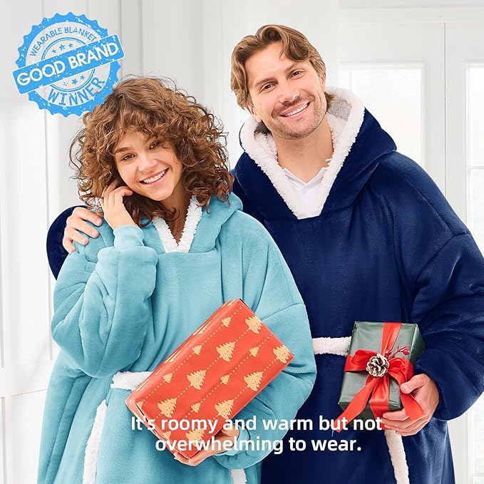 JOYWOO Turquoise Teal Wearable Blanket Hoodie, Oversized Cat Lovers Sweatshirt Blanket for Adult & Teens, Birthday Gifts for Women Men Mom Girl Boys,Cozy Sherpa Fuzzy Blanket Giant Pocket Gifts，Small
