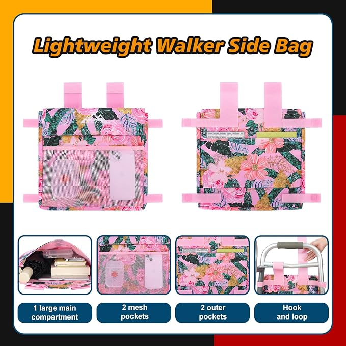 supregear Walker Side Bag, Water Resistant Accessory Basket Pouch for Folding Walkers, Lightweight Hand Free Storage Carrier Tote, Universal Size Seniors Caddy Attachment, Pink Floral