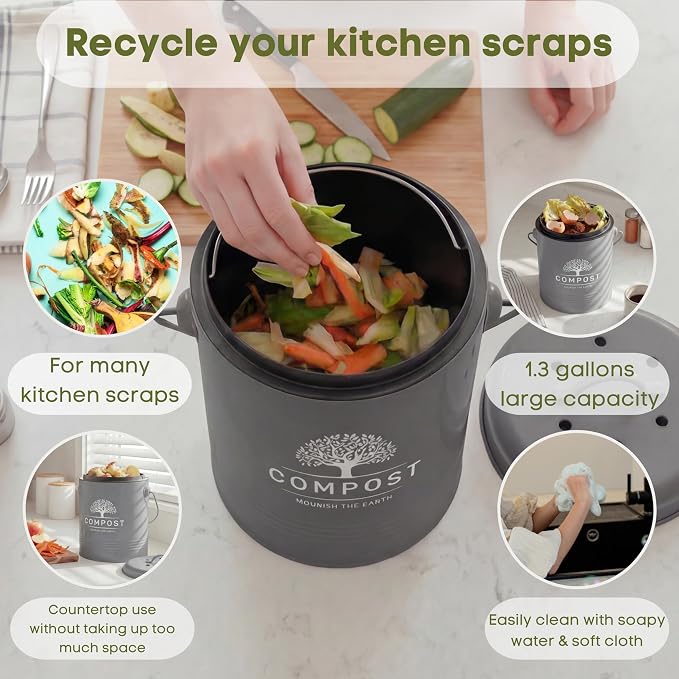 Perfnique Kitchen Compost Bin, 1.3 Gallon Countertop Compost Bin with Lid, Indoor Compost Bucket Includes Inner Bucket Liner and Carbon Filter, Small Compost Bin with Trash Bags (with Bags, Grey)