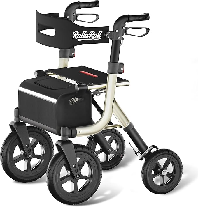 Walkers for Seniors, Rollator Walker with Seat, 12" Big Rubber Wheels All Terrain Rolling Walker with Backrest, Foldable Rollator Walker, Reinforced Aluminum Frame, Built-in Cable, Golden