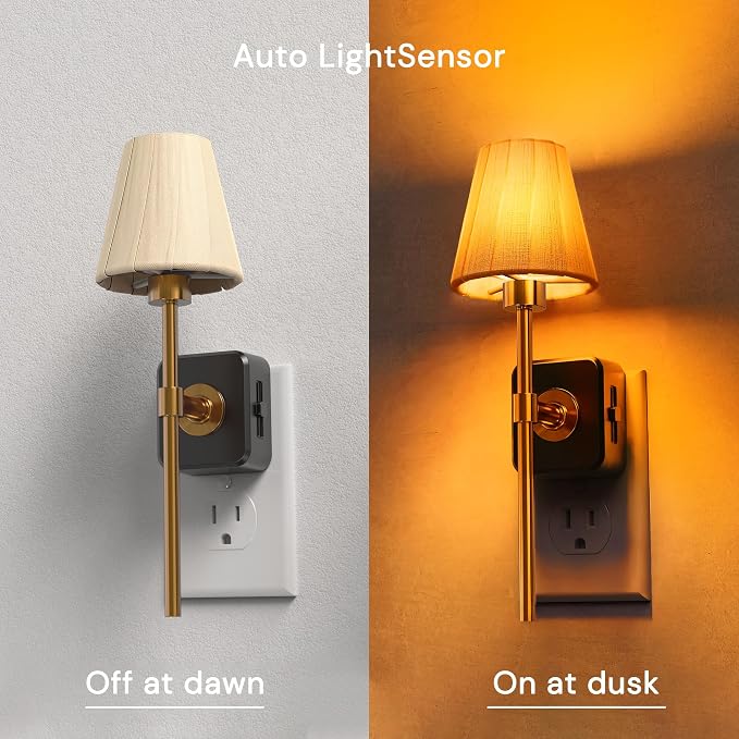 L LOHAS LED Night Lights Plug into Wall, Pleated Fabric Cover Night Light | Amber Night-light with 0-100LM Dimmable, Dusk to Dawn Sensor Vintage Nightlight for Bedroom Living Room Hallway