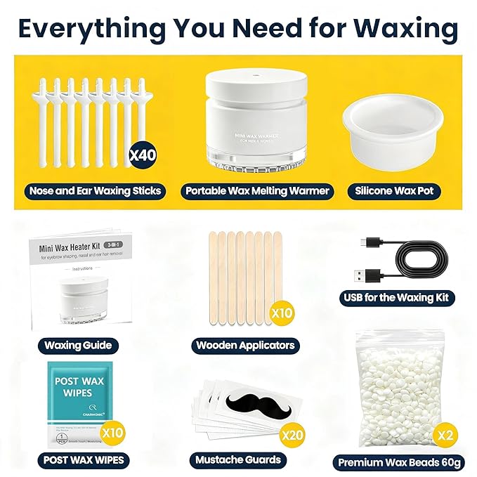 Nose Wax Kit, 120g Nose Hair Wax Kit for Men & Women, Painless Nose Hair Removal with USB Fast Heat, Smart Constant Temp, 40 Applicators, Wooden Sticks, After-Wax Wipes and Moustache Guards (White)