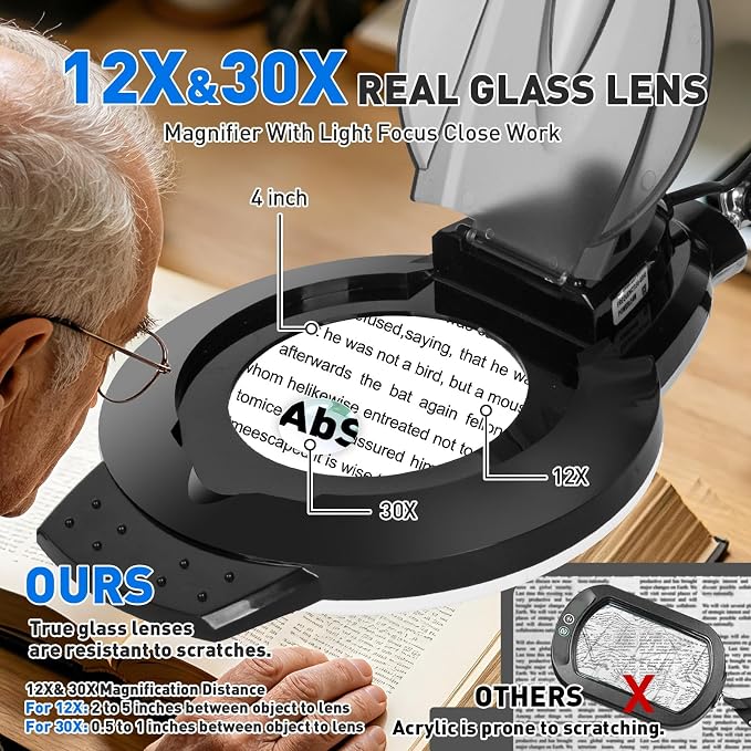 KIRKAS 12X 30X LED Magnifying Lamp with Clamp, 2,200 Lumens Dimmable Bright | 28in Adjust Swivel Arm Magnifying Glass with Light for Repair Reading Craft Needlework Hobby Workbench Magnifier Dust Cover
