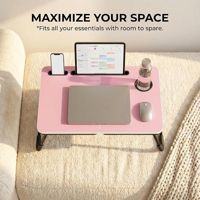 BUYIFY 23.4" Foldable Lap Desk Bed Table with Cup Holder Portable Tray | Folds Flat for Easy Storage, No Assembly Laptop Bed Desk, Sturdy and Lightweight, Patent Design,Pink