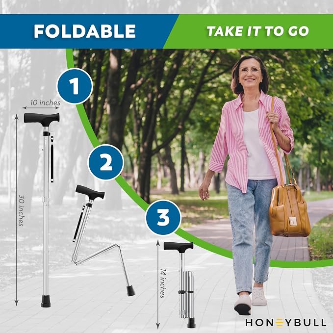 HoneyBull Walking Cane | Single Tip Canes for Men & Women, Foldable, Adjustable, Heavy Duty Up to 250 Pounds, Walking Canes for Seniors
