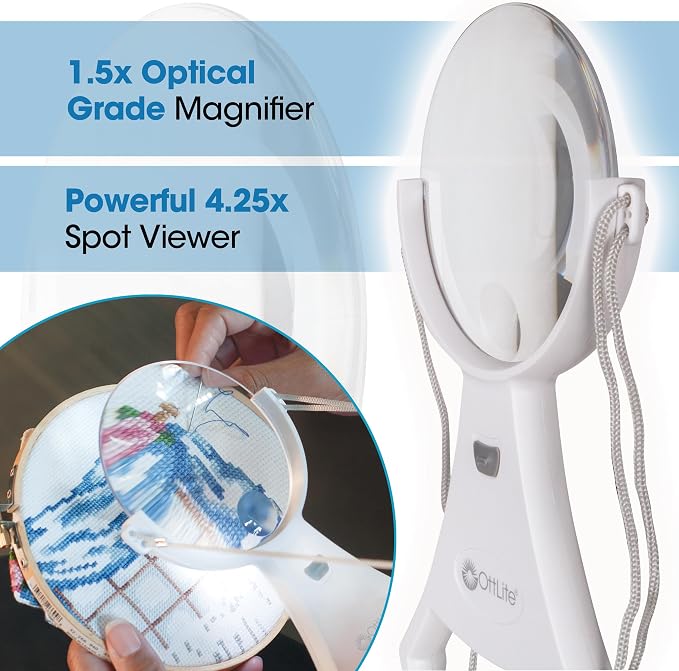 OttLite 4-Inch Hands-Free LED Magnifier, White | 1.5x Optical Acrylic Lens | 4.25x Spot Viewer | LED Illuminated | Adjustable Neck Cord