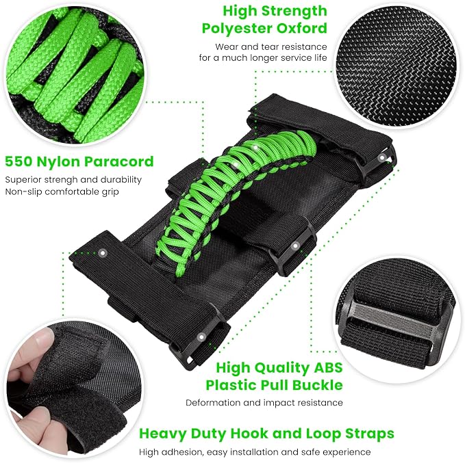 Roll Bar Grab Handles Grip Handle for Jeep Wrangler JK JKU JL JLU TJ YJ Sports Sahara Freedom Rubicon Unlimited Gladiator JT 1955-2023 UTV ATV Accessories Premium 550 Paracord (Green 2 Pack)