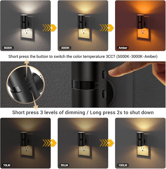 JandCase Motion Night Light, Rotating Night Lights Plug into Wall, 3 Colors | 3000K-5000K-Amber, Dusk to Dawn & Motion Sensor, 3 Level Brightness Nightlight for Bathroom Bedroom Hallway [2 Pack]