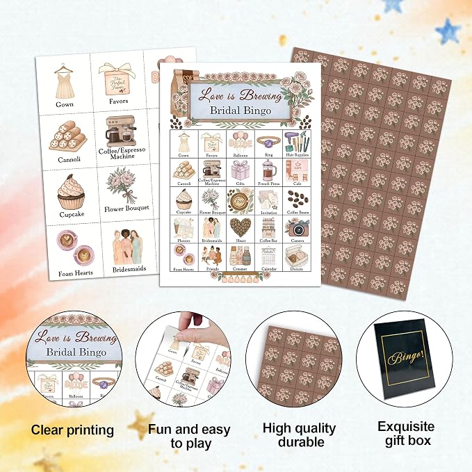 Bridal Shower Bingo Game Cards, Love in Brewing Bingo Set for Adults Large Group, Wedding Shower Bachelorette Party Decor, Coffee Floral Game Cards for Family Friends, 13