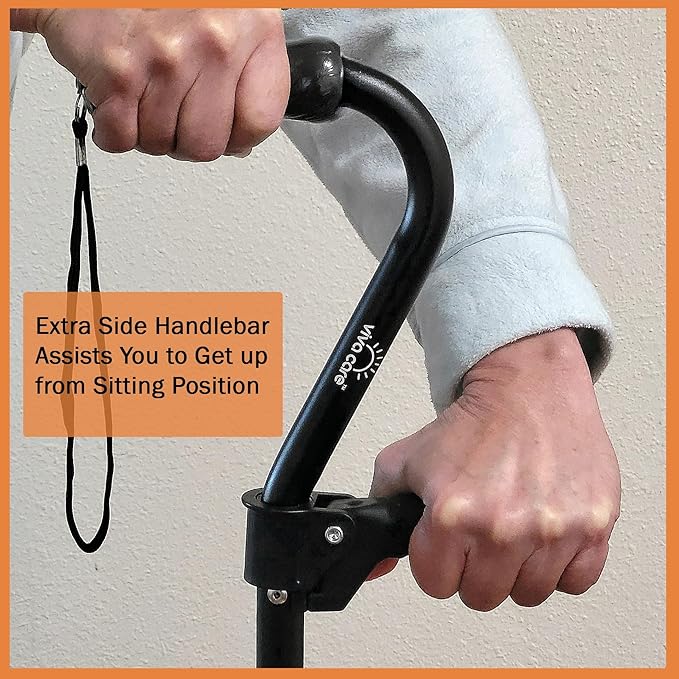 VIVA CARE Walking Cane with 4 Prongs and Extra Side Handle – Adjustable, for Balance & Stability for Adults, Seniors, and Injured.