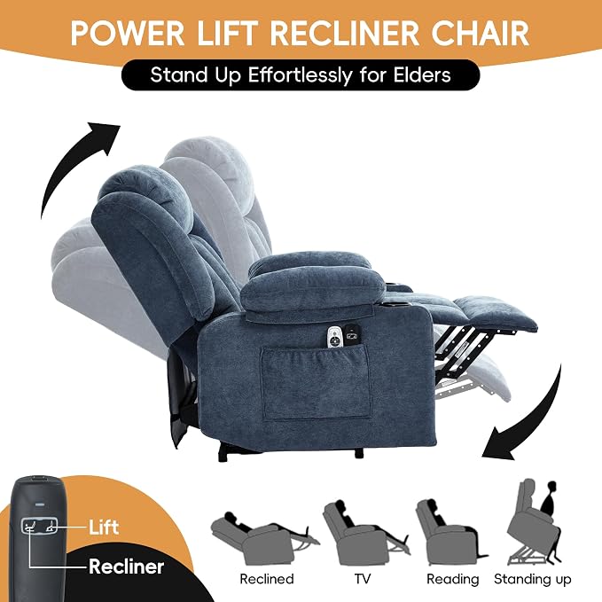 Power Lift Recliner for Elderly,Electric Recliner Chair with Massage & Heating for Adults, USB Charging, Cup Holders, Side Pocket, Living Room Sofa L1288 (Navy Blue)