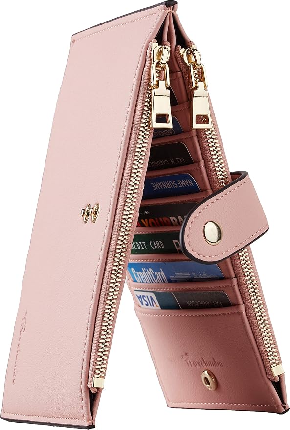 Travelambo Womens Leather Bifold Wallet, Slim RFID Blocking Card Holder | Large Capacity, 16 Card Slots & ID Window, 2 Zipper Pockets, Dual Snap Closure, Slim Lightweight, RFID Privacy Protection
