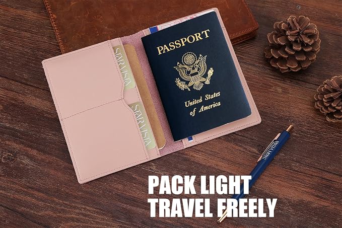 STAR VISTA Albatross Leather Travel Passport Holder, Minimalist Design, Calfskin Leather Case for Women and Men - Slim Passport Wallet, Bifold, RFID Blocking, Pale Pink