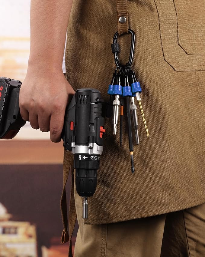 Katerk Bit Holder Keychain 12 Pcs, 1/4-Inch Hex Shank, Quick Release, Blue | Aluminum Alloy, Impact Drivers, Drill Bits, Tool Belt Use, Carabiner Clip, One-Handed Operation, Ball Lock, Compact Organizer